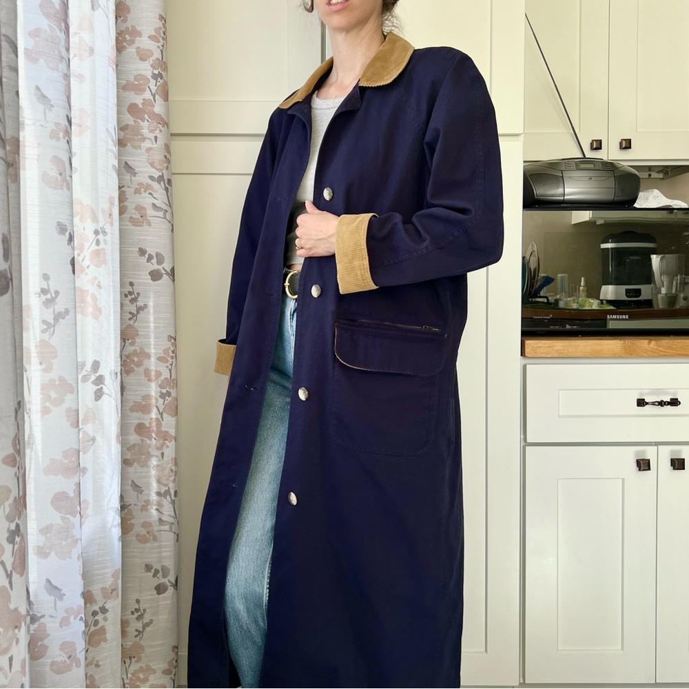 Vintage Eddie Bauer Full Length Navy Trench Coat With Corduroy Detailing